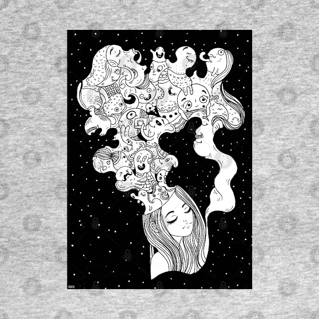 Dreaming girl black and white illustration by shoosh by Shoosh